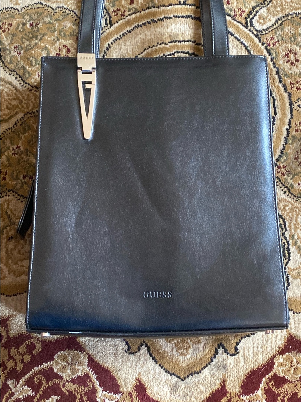 Guess Black Leather Messenger Tote with Silver Hardware